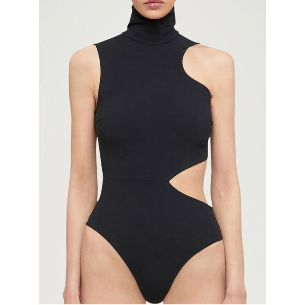 New $330 Wolford Warm Up Cut Out Turtleneck Sleeveless Bodysuit Black Size S